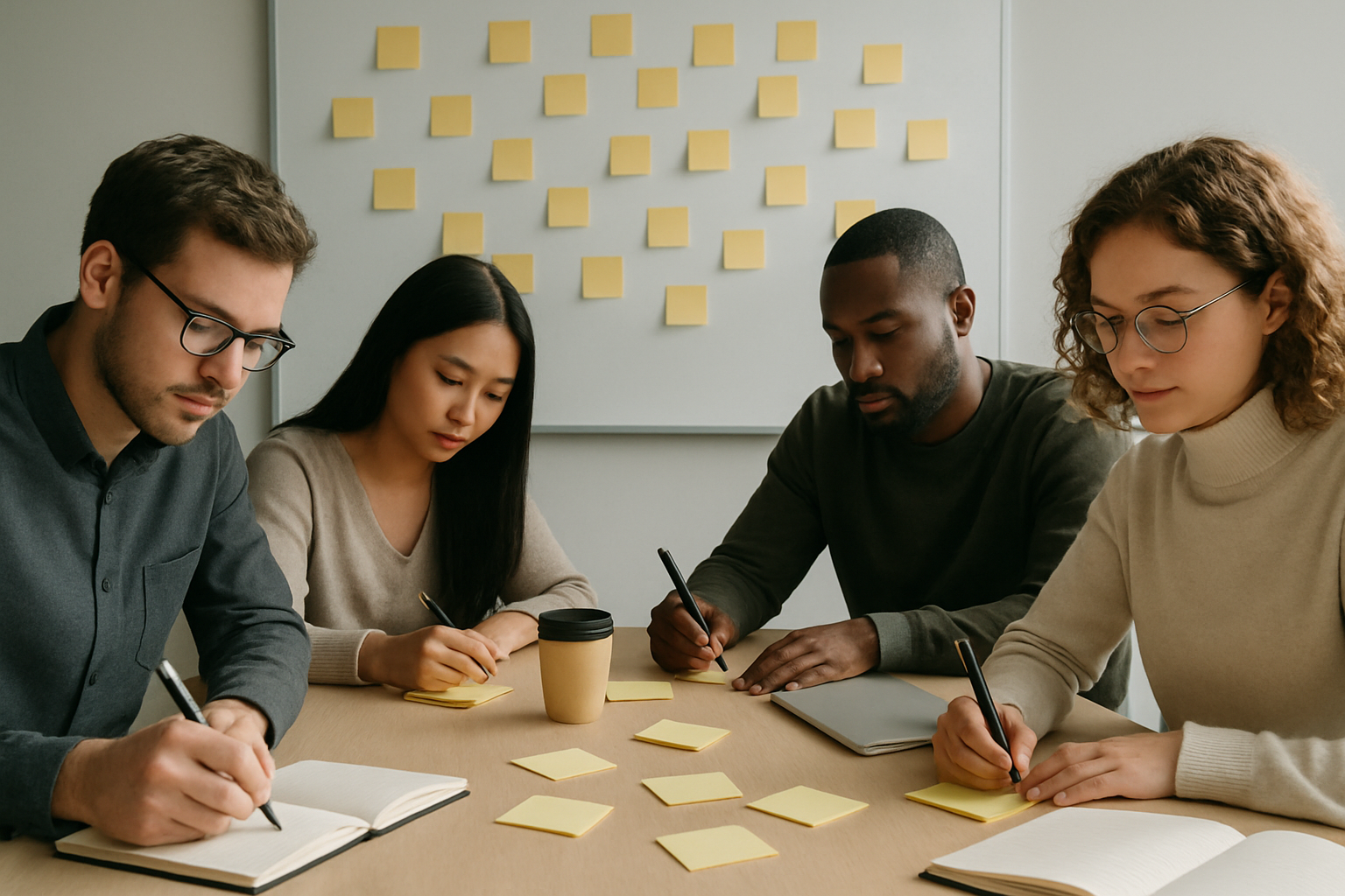 people in a meeting silently brainstorming together