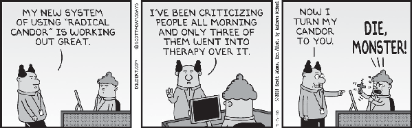 Dilbert comic strip parodying 'Radical Candor' as an excuse for cruelty